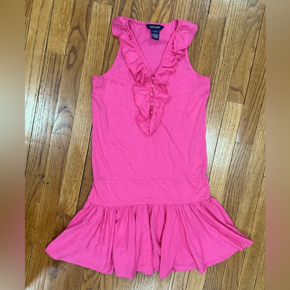 Ralph Lauren Girls Pink Ruffle Drop Waist Dress Size Large 12/14 NWT